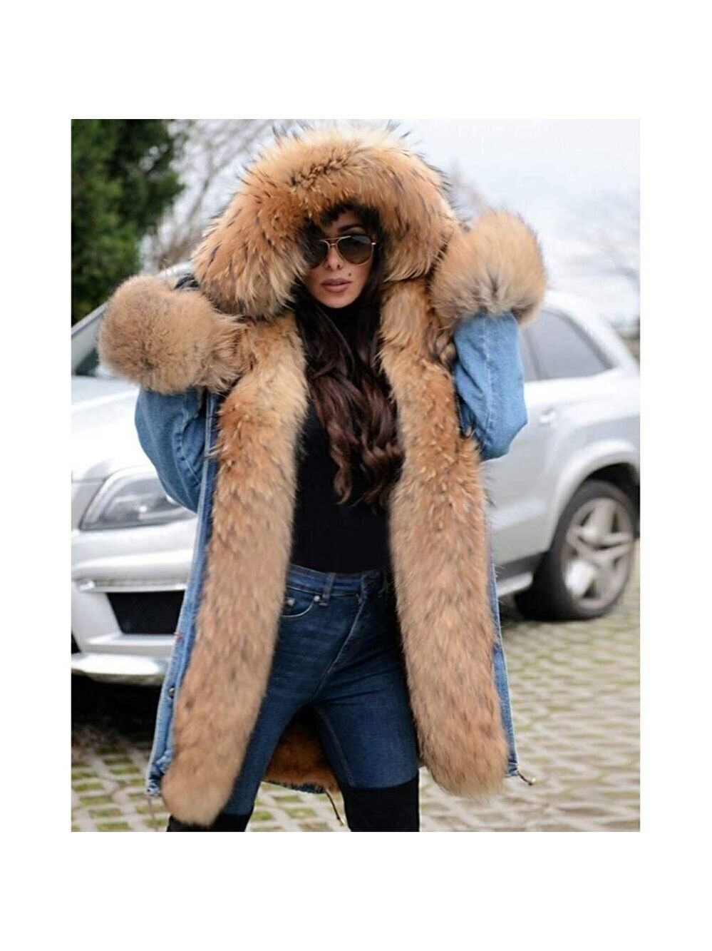🆕 Hooded Fur Lined Warm Coat Jean Parka Outwear Winter Long Trench Jacket NWT